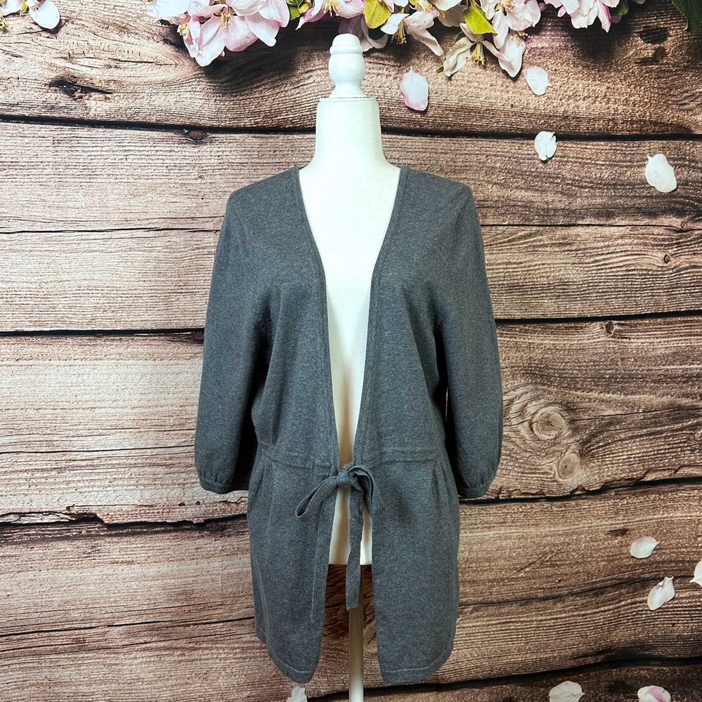 NWT Liz & Me Women’s Cotton Gray Solid Tie Knot Open Cardigan Sweater